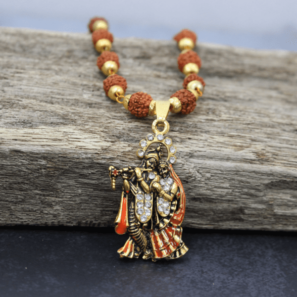 5 Face Rudraksha Mala / Malai with Bronze Big Radhe Krishna Pendant - Unisex