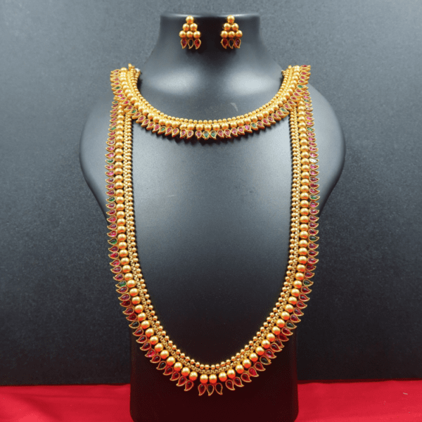 Premium Matt Gold Plated Multi Stone Mango Design Long Necklace Set | Rantai Panjang