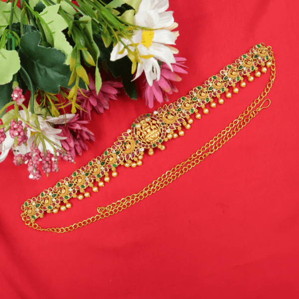 New Red & Green Stones Lakshmi Design Gold Indian Hip Chain for Women | Rantai Pinggul | 90Cm