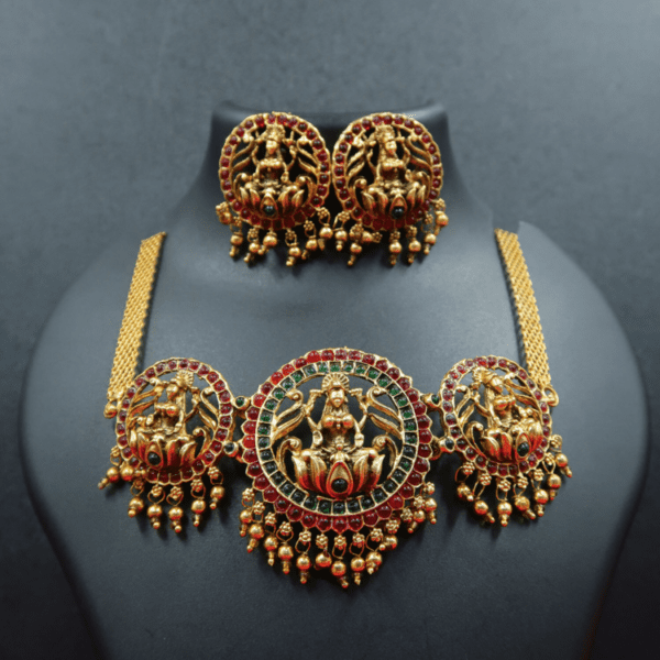 Premium Matte Gold New Lakshmi Design Red & Green Stone Indian Choker Set | Rantai Leher