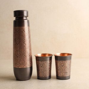 Pure Copper Daisy Flower Drinking Bottle with 2 Glass Set - Copper Bottle Gift Set 950ml