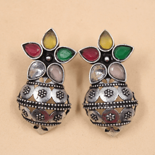 New Flower Design Multicolor Stone Silver Indian Earrings