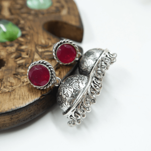 New Flower Design Round Stone Silver Indian Jhumka Earrings