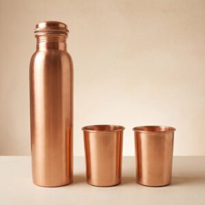 Pure Copper Lacquer Drinking Bottle with 2 Glass Set - Copper Bottle Gift Set - 1L