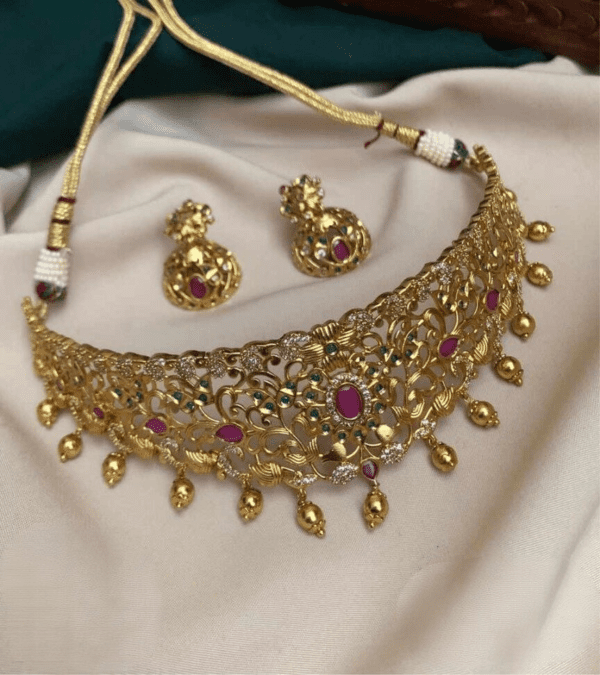 Premium High Neck Flower Design  Necklace Set With Gold Pearl | indian choker | Rantai Leher