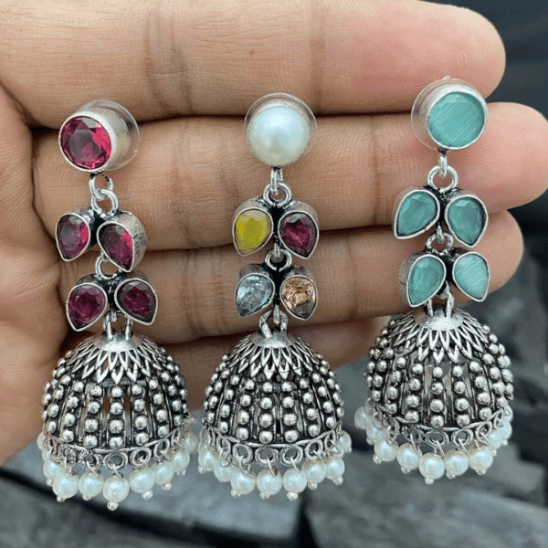 New Leaf Design Multicolor Stone Silver Indian Earrings