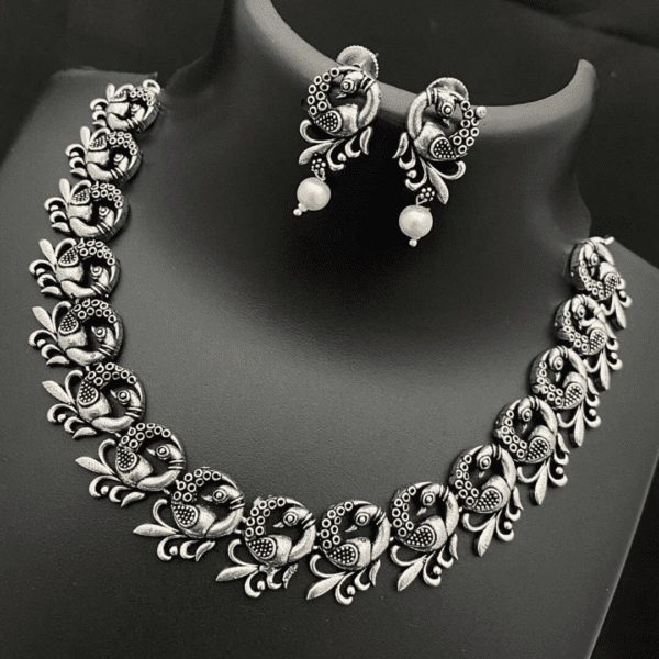 Premium German Silver Peacock Design Choker With Earrings | indian choker