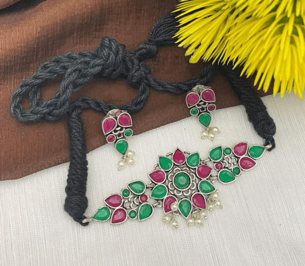 New German Silver Flower Design Ethnic Colorful Choker | Indian choker