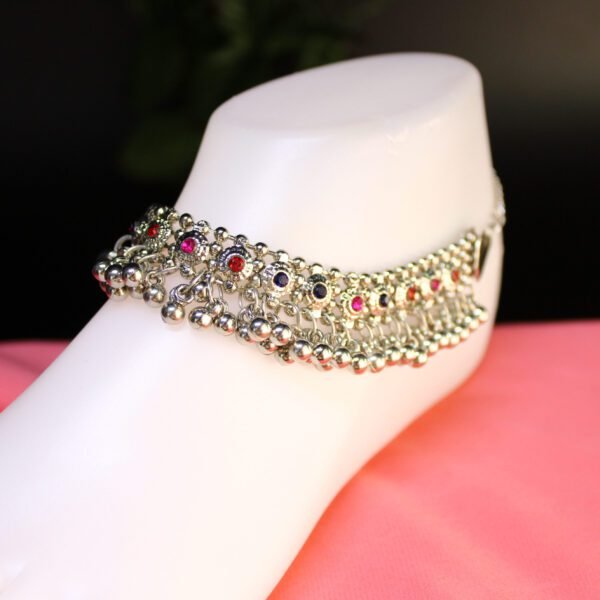 German Silver Designer Heavy Layered Multi Stone Anklet | Indian Kolusu | Gelang Kaki 1 Pair 12 Inch