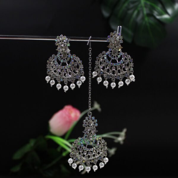 Silver-Toned AD Stone Drop Earrings with Mang Tikka