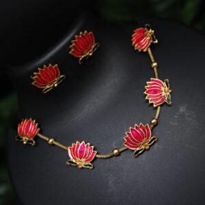 Matte Gold Lotus Design Indian Choker Set with Pearl | Indian Choker Set