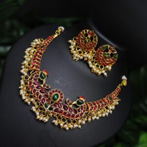 Matte Gold Flower Design Indian Choker Set with Pearl | Indian Choker Set