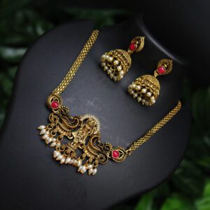 Premium Matte Gold Ram Design Indian Choker Set With White Pearl