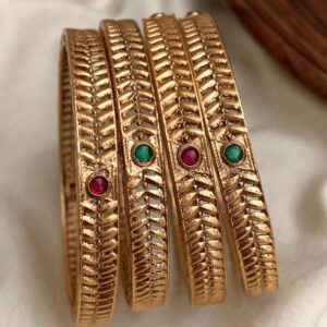 Matt Gold Flower Pattern Indian Bangles With Red & Green Stone - Set of 2 Gelang Tangan Indian Bangles