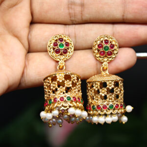 New Premium Matte Gold  Various Design Jumka Earrings with Colorful Stones | Indian Jumka