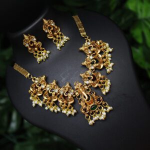 Premium Matte Gold Ganesha Design Indian Choker Set With White Pearl