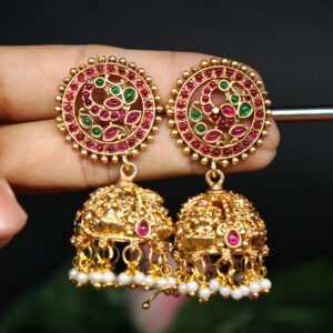 Premium Matte Gold  Various Design Jumka Earrings with Colorful Stones | Indian Jumka
