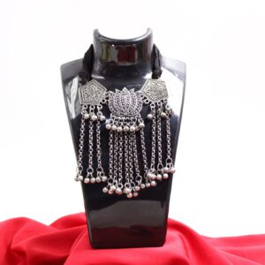 New Oxidized Lotus Design German Silver Long Choker with Earrings