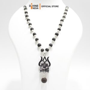 Trisul German Silver Pendant Karungali Malai | Ebony Wood 8 MM Beads Necklace | Karungali Necklaces | Om Karungali Malai