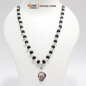 Om German Silver Pendant Karungali Malai | Ebony Wood 8MM Beads Necklace | Karungali Necklaces | Om Karungali Malai