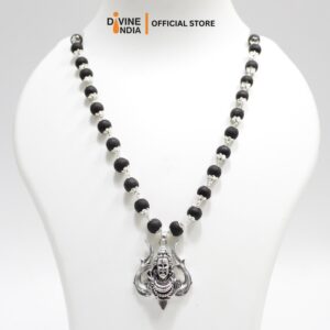 Trisul With Shiva German Silver Pendant Karungali Malai | Ebony Wood 8MM Beads Necklace | Karungali Necklaces | Om Karungali Malai