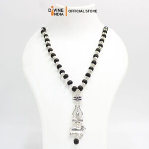 Trisul Nandi German Silver Pendant Karungali Malai | Ebony Wood 8 MM Beads Necklace | Trisul Nandi Karungali Malai