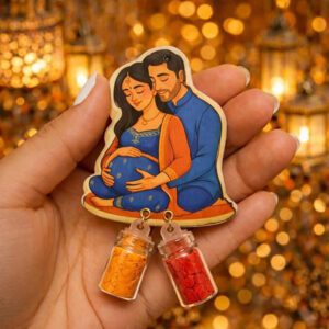 Pregnant Couple and Gomatha Kumkum and Manjal Bottle Set With Magnet  - Baby Shower ReturnGifts, Housewarming , Festive Occasions, And Traditional Celebrations.