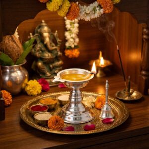 German Silver Single Way Villaku | Deepavali Oil Lamp | for Pooja Room, Home Temple & Festivals | Daily Use Oil Lamp