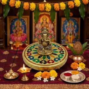 Silver Golden Meenakari MDF Circle Pooja Chowki | Aluminium Foil Silver Golden Plated Chowki| All Purpose Stand| 1 Peice