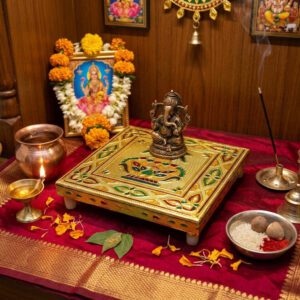 Gold Meenakari MDF Square Pooja Chowki | Aluminium Foil Gold Chowki | Kolam Manai | All Purpose Stand | 1 Peice