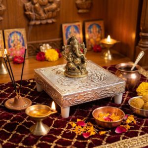 Silver Meenakari MDF Square Pooja Chowki | Aluminium Foil Silver Plated Chowki | Kolam Manai | All Purpose Stand | 1 Peice
