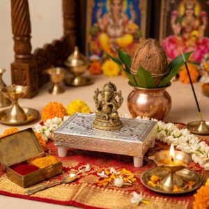 Silver Meenakari MDF Pooja Chowki | Aluminium Foil Silver Plated Chowki | Kolam Manai | All Purpose Stand | 1 Peice