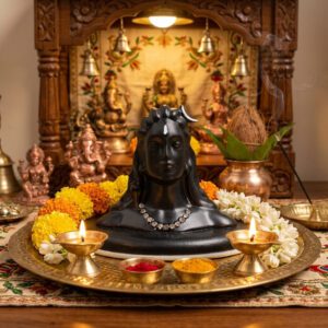 Metal Adiyogi Matte Black Statue with White Diamond Miniature for Car Dashboard, Shiva Decorative Idols
