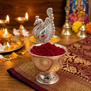 German Silver Peacock 2 in 1 Kumkum Container | Kumkum Holder Indian Prayer Item