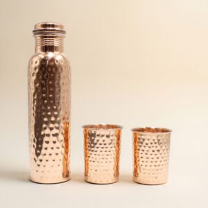 Pure Copper Full Hammered Drinking Bottle with 2 Glass Set - Copper Bottle Gift Set - 1L