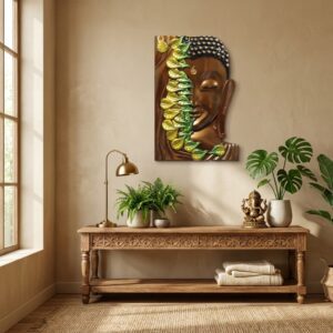 Buddha Face With Peepal Leaf Wall Hanging Fiber Showpiece |Religious Home & Office Wall Decor|Vastu Spiritual Wall Frame
