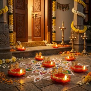 Water Sensor Diya Set Lakshmi Ganesha Design | LED Villaku Set I Battery Operated (1 pc)