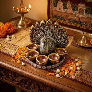 Traditional Indian Diya Stand with Peacock Feather Design | Indian Oil Lamp | Deepavali Decoration