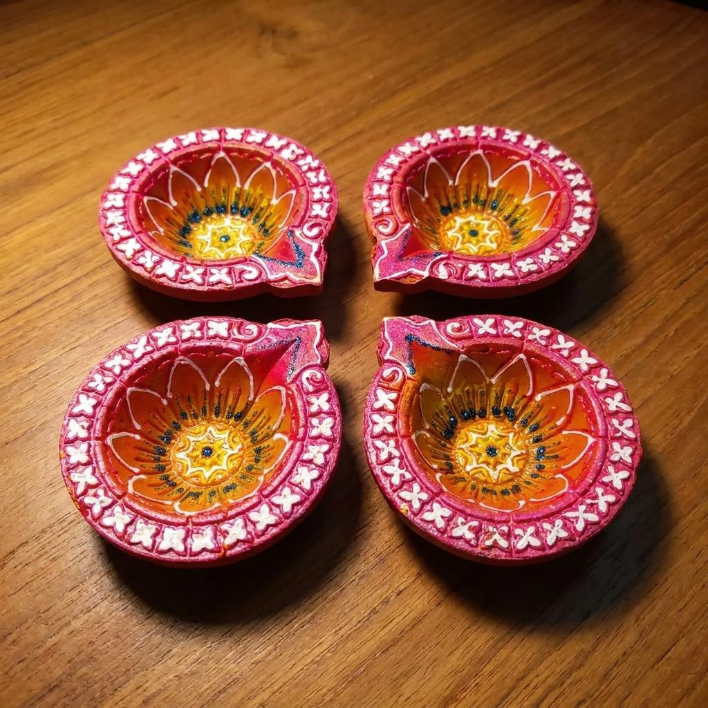Handmade Deepavali | Festival Terracota Villaku / Oil Lamp / Diya 4 Pc - Deepavali Deco Set 7