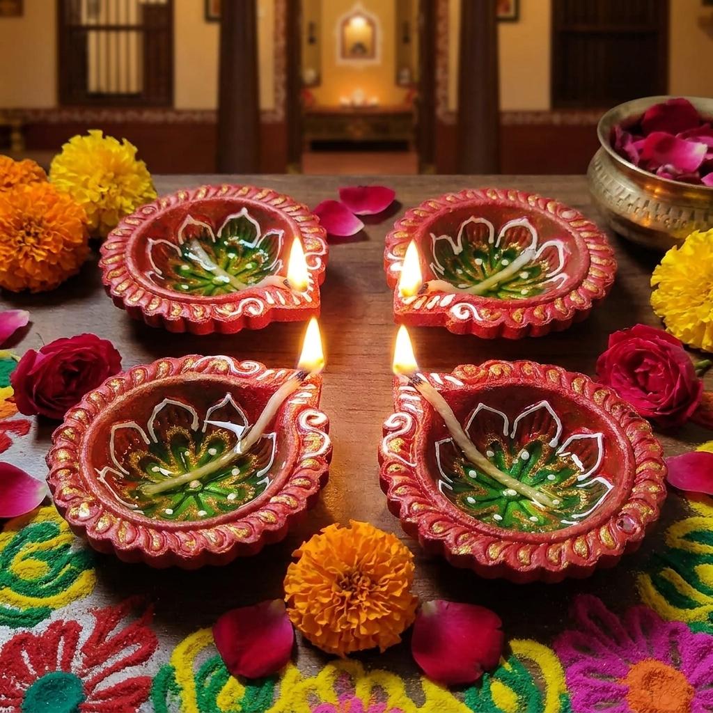 Handmade Deepavali | Festival Terracota Villaku / Oil Lamp / Diya 4 Pc - Deepavali Deco Set 5