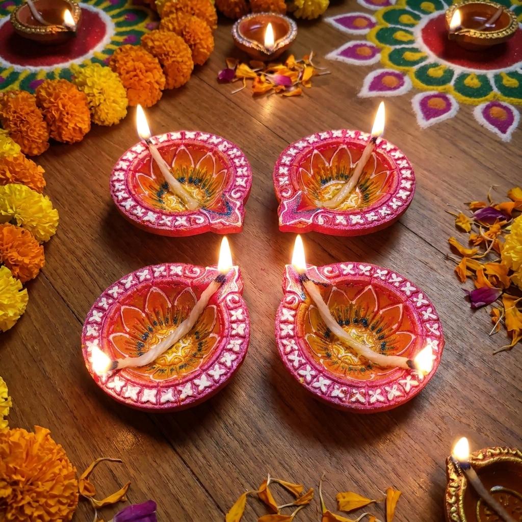 Handmade Deepavali | Festival Terracota Villaku / Oil Lamp / Diya 4 Pc - Deepavali Deco Set 7